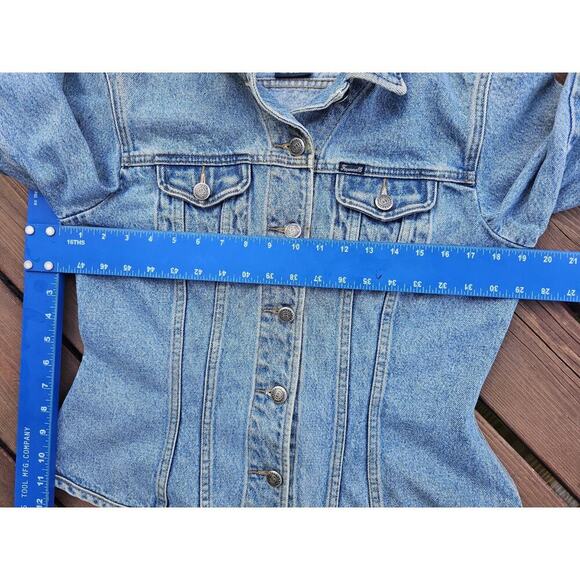 Faconnable Denim Jean Jacket Womens Large Button Blue Trucker Long Sleeve Y2K - Picture 7 of 11
